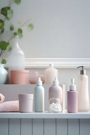 Pastel-colored bottles and accessories neatly arranged on a bathroom shelf, creating a calm and serene atmosphere.の写真素材