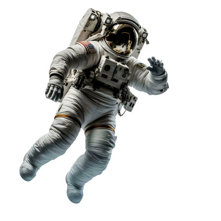 An astronaut floats in space, wearing a white suit against a white background. The image evokes exploration and adventure.の写真素材