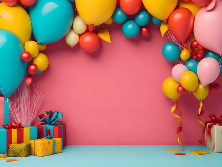 Colorful balloons and gifts create a festive birthday scene against a pink background.の写真素材