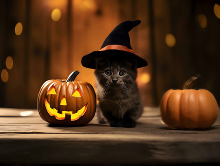 A cute kitten wearing a witch's hat sits between two pumpkins. Halloween decorations.の写真素材