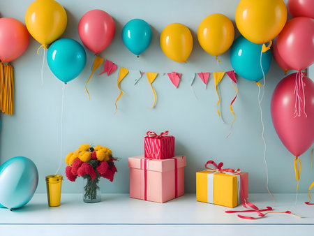 A vibrant birthday setup featuring colorful balloons, gifts, and flowers.の写真素材
