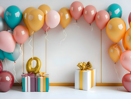 Pastel balloons arch with gifts and a golden number zero. Perfect for a birthday celebration.の写真素材