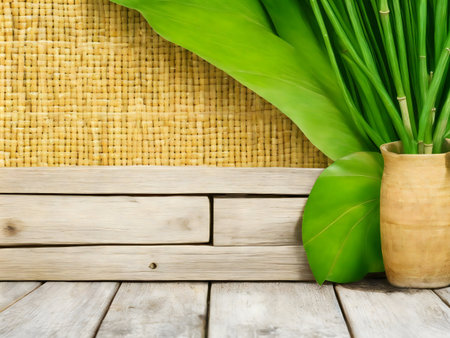 A tranquil image of vibrant green plants in a clay pot, set against a rustic wooden and woven backdrop. Evokes serenity and nature.の写真素材
