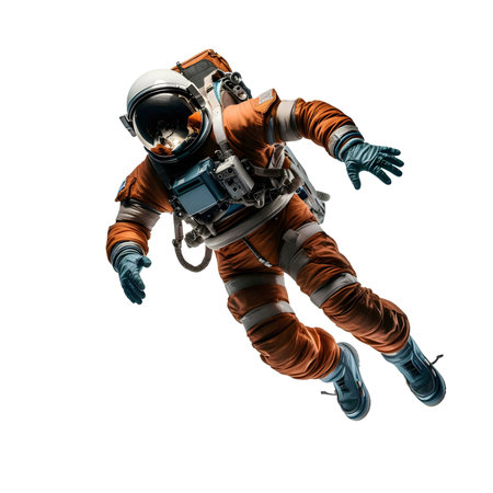 An astronaut floats in the vastness of space, wearing an orange spacesuit. The image showcases space exploration and human endeavor.の写真素材