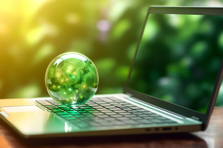 A green glass globe rests on a laptop keyboard against a blurred natural background. Symbol of eco-friendly technology.の写真素材