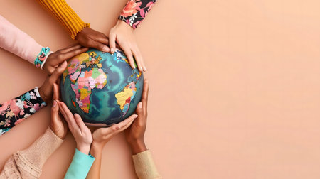 Diverse hands encircle a globe, symbolizing global unity and collaboration.の写真素材