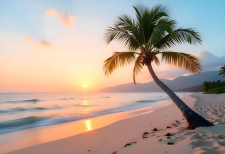 Stunning sunset over a tranquil beach, a single palm tree leaning into the ocean. Peaceful and idyllic tropical scene.の写真素材