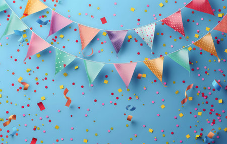 Colorful confetti on a blue background.の写真素材
