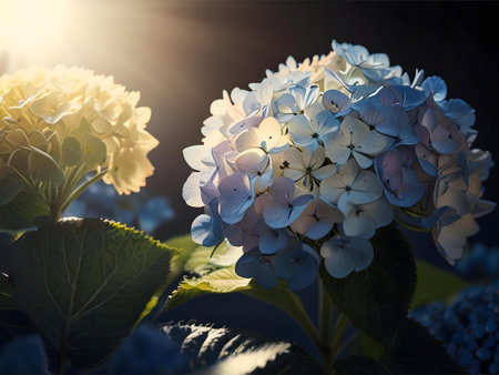 Stunning close-up of hydrangeas bathed in sunlight. Pastel colors, delicate petals.の写真素材