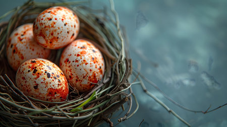 Four speckled bird eggs nestled in a rustic bird's nest. A close-up shot emphasizing the natural...