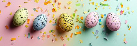 Colorful Easter eggs decorated with dots, surrounded by pastel confetti. A festive spring celebration image.の写真素材