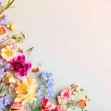 A delightful array of colorful spring flowers arranged on a pastel background. Perfect for spring themes.の写真素材
