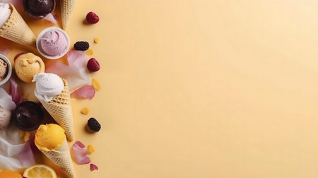 Assortment of ice cream cones and summer fruits on a pastel background. A delightful summer treat!