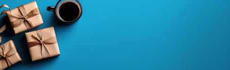 Three beautifully wrapped gifts sit beside a cup of coffee on a blue background.の写真素材