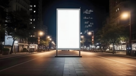 A large blank billboard stands on a quiet city street at night. The city is empty with lights illuminating the scene.の写真素材