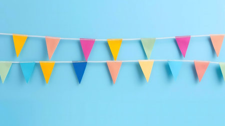 A vibrant string of triangular party decorations against a light blue backdrop.の写真素材