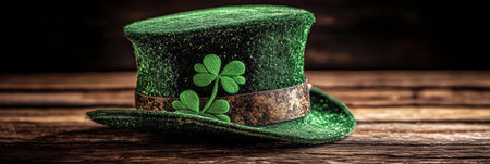 Green leprechaun hat with clovers on a wooden surface. St. Patrick's Dayの写真素材