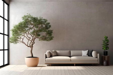 A serene minimalist living room featuring a large potted tree and a beige sofa. The design is simple, elegant, and peaceful.の写真素材
