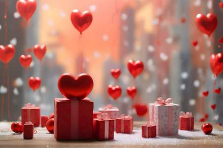 Red heart-shaped balloons and gifts create a romantic Valentine's Day scene.の写真素材