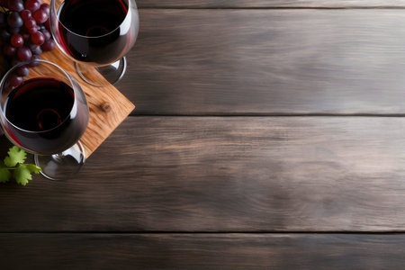 Three glasses of red wine on a wooden board with grapes. A great image for wine tasting, vineyards or wine cellars.の写真素材