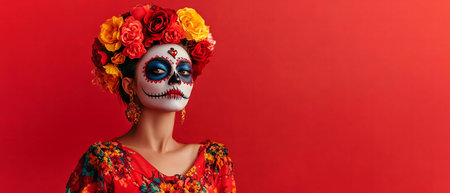 A stunning portrait of a Catrina, a symbol of Day of the Dead, adorned in a floral crown and...