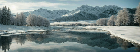A breathtaking winter scene of snow-capped mountains reflected in a calm lake. Peaceful and serene.