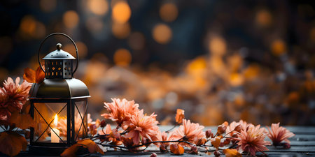 A lit lantern sits among autumn flowers on a wooden surface. The soft lighting and warm colors evoke...