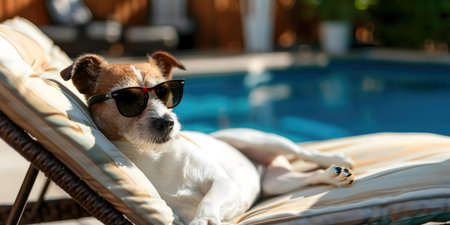 A cute dog in sunglasses lounging on a chair by a pool on a sunny day.の写真素材