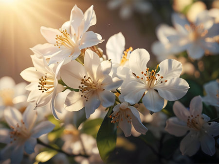 Close-up of white flowers illuminated by sunlight. Delicate petals and soft light create serene atmosphere.の写真素材
