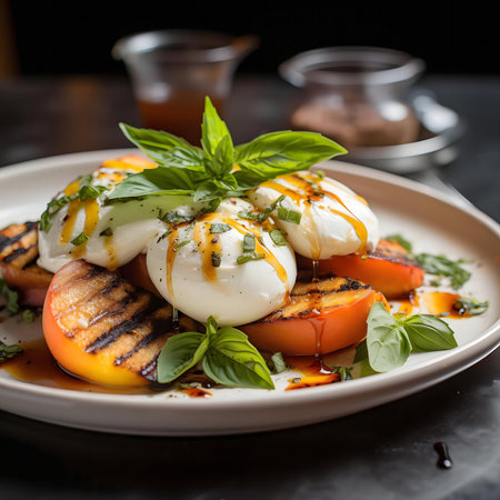 A delightful summer salad featuring grilled peaches, creamy burrata, fresh basil, and a tangy balsamic glaze. Perfect for a light yet satisfying meal.の写真素材
