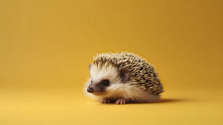 A charming close-up of a small hedgehog against a yellow backdrop.の写真素材