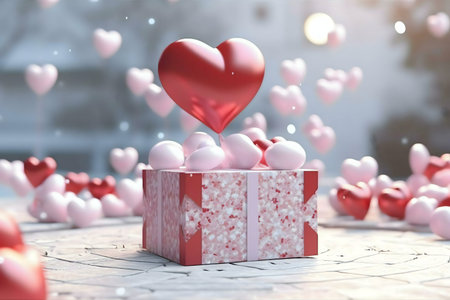 A red heart balloon sits atop a pink gift box surrounded by smaller pink and red hearts. Romantic and festive.の写真素材