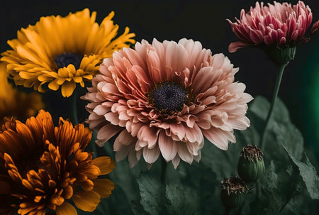 Stunning close-up of vibrant flowers. Delicate petals in warm tones.