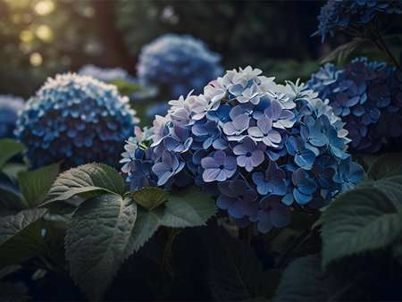 Stunning close-up of blue hydrangeas blooming in a garden. Peaceful and serene atmosphere.の写真素材
