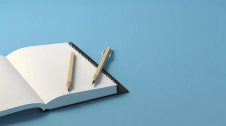 Open notebook with pencils ready for notes.の写真素材
