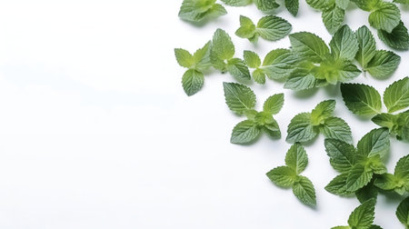 Close-up image of fresh mint leaves on a white background. Great for culinary, herbal, or wellness...