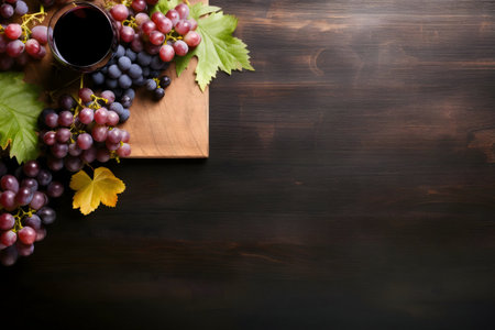 A glass of red wine and bunches of grapes on a dark wooden table. Autumn harvest concept.の写真素材