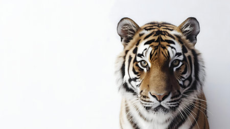 Close-up portrait of a magnificent tiger against a simple white background. The tiger's intense gaze is captivating.の写真素材