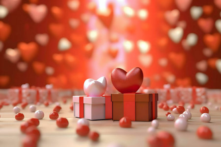 Two lovely gifts adorned with hearts, amidst a dreamy backdrop of floating hearts. Perfect...
