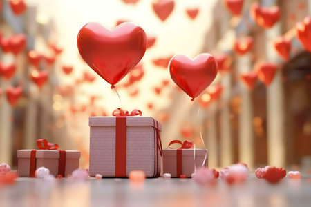 Heart-shaped balloons float above gifts, symbolizing a romantic Valentine's Day.の写真素材