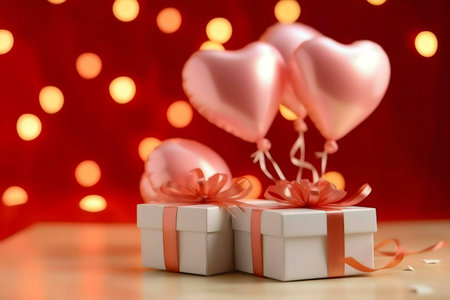 Two gifts with red bows and heart-shaped balloons on red bokeh background