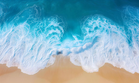 Stunning aerial view of ocean waves breaking on a sandy beach. Turquoise water and white foam create a mesmerizing scene.の写真素材
