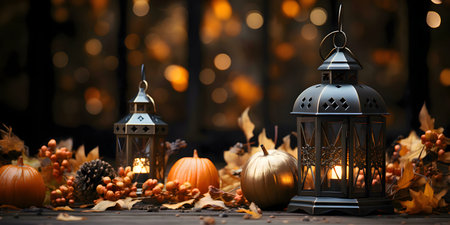 A captivating autumnal scene featuring two ornate lanterns illuminated with candles, surrounded by pumpkins, autumn leaves and berries.の写真素材