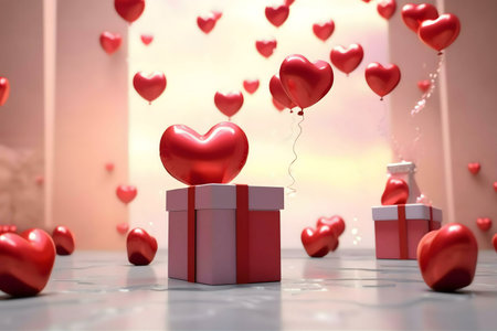 A gift box adorned with a heart-shaped balloon, surrounded by floating heart balloons. A perfect...