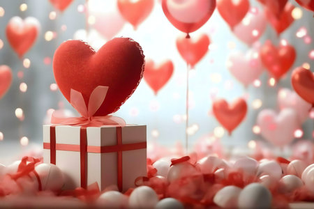 A white gift box with a big red heart on top, surrounded by heart-shaped balloons. Perfect for Valentine's Day.の写真素材