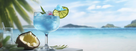 Refreshing blue lagoon cocktail on a tropical beachの写真素材