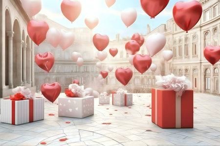 Heart-shaped balloons float above gifts in a romantic city square. A perfect Valentine's Day scene.の写真素材