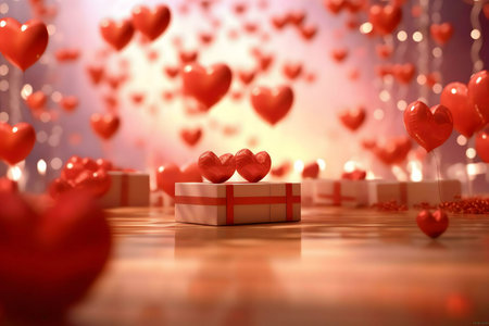 A gift box sits among floating red hearts, creating a romantic atmosphere perfect for Valentine's Day.の写真素材