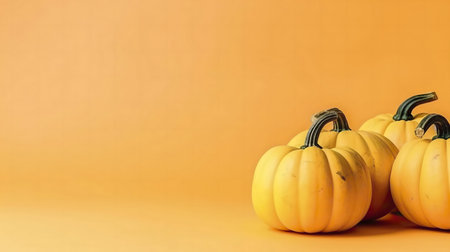 Three ripe pumpkins sit against a vibrant orange background. Autumnal vibes!の写真素材