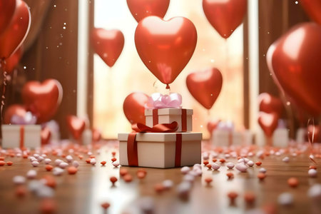 Two gifts, tied with red ribbons, sit beneath a cluster of red heart balloons, creating a romantic Valentine's atmosphere.の写真素材